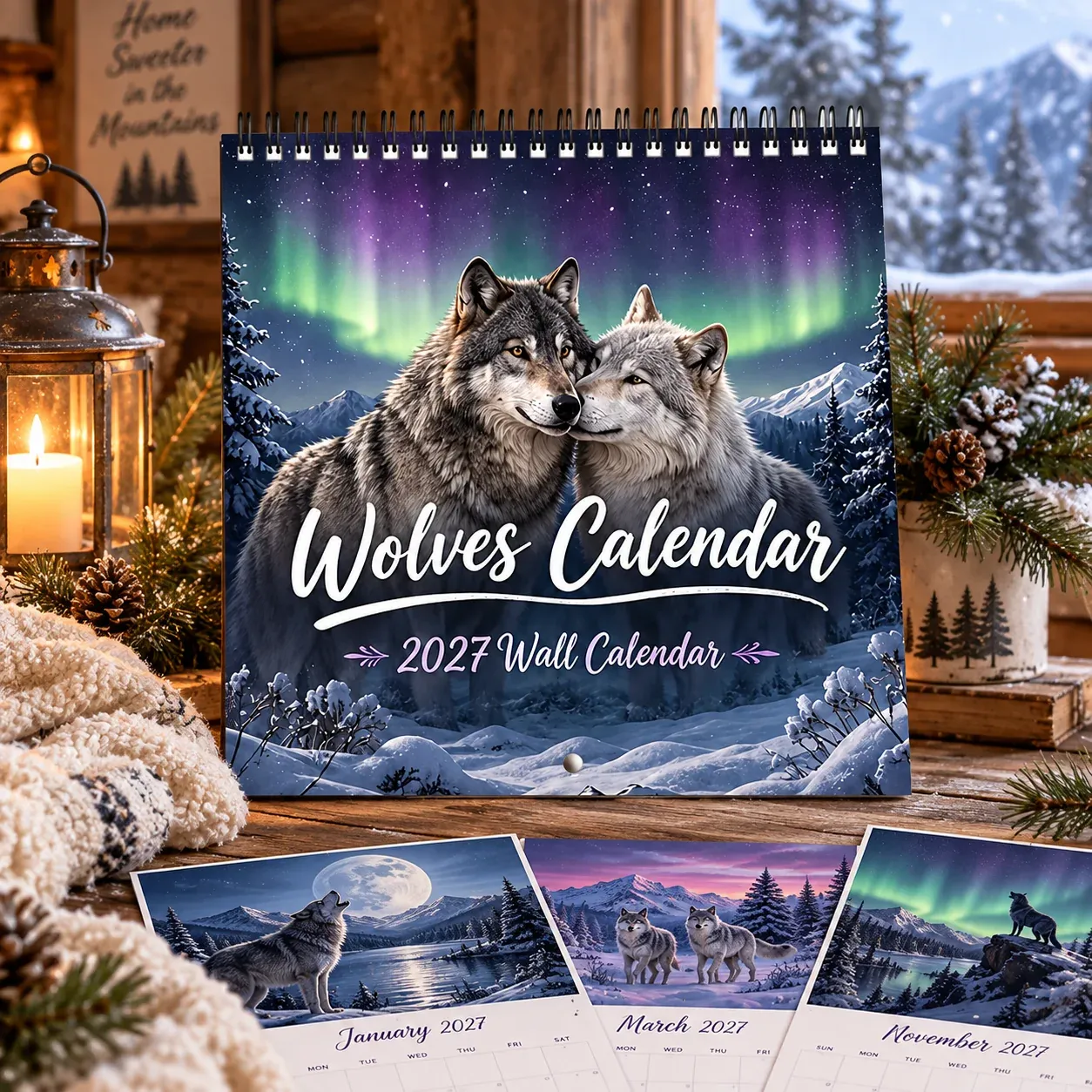 Wolves Calendar 2027 – Northern Lights Wall Calendar