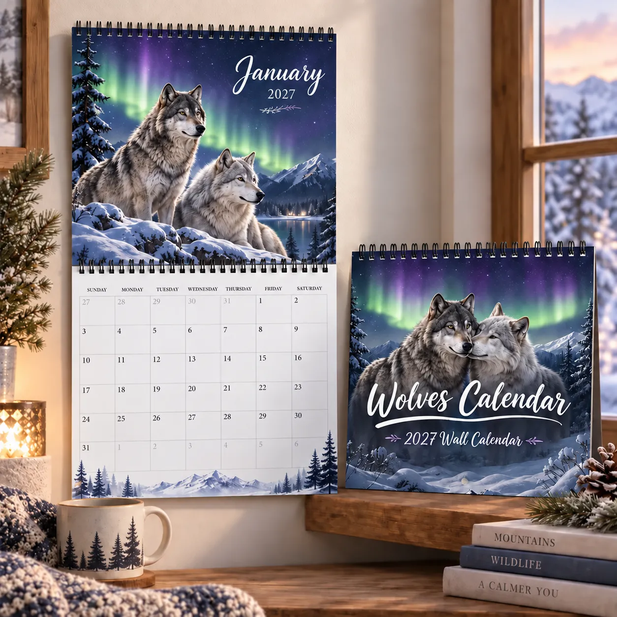 Wolves Calendar 2027 – Northern Lights Wall Calendar detail